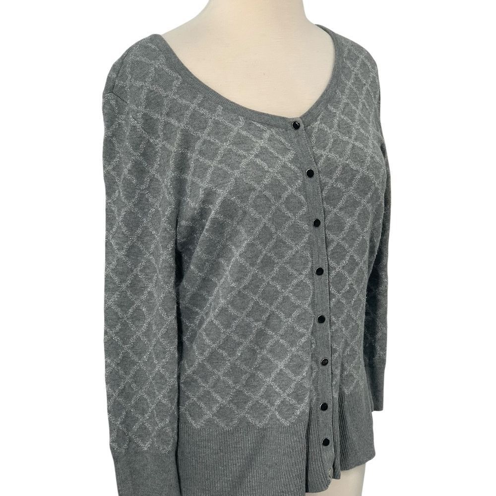 White House Black Market Snap Front Cardigan 3/4 Sleeves Gray/Silver Metallic L - Picture 2 of 7